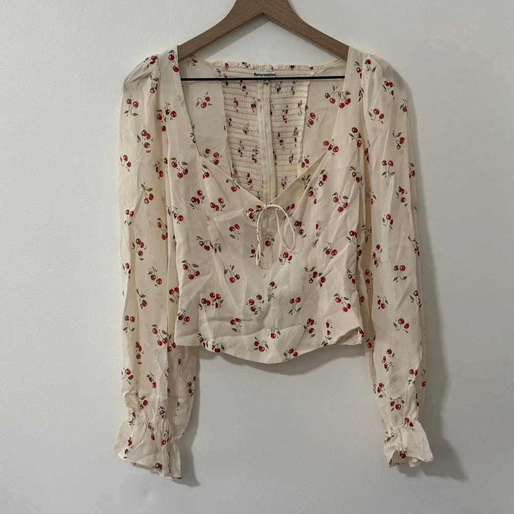 Reformation Blouse Womens 6 Cream Cherry Puff Sleeve Sweetheart Neck Cottagecore
